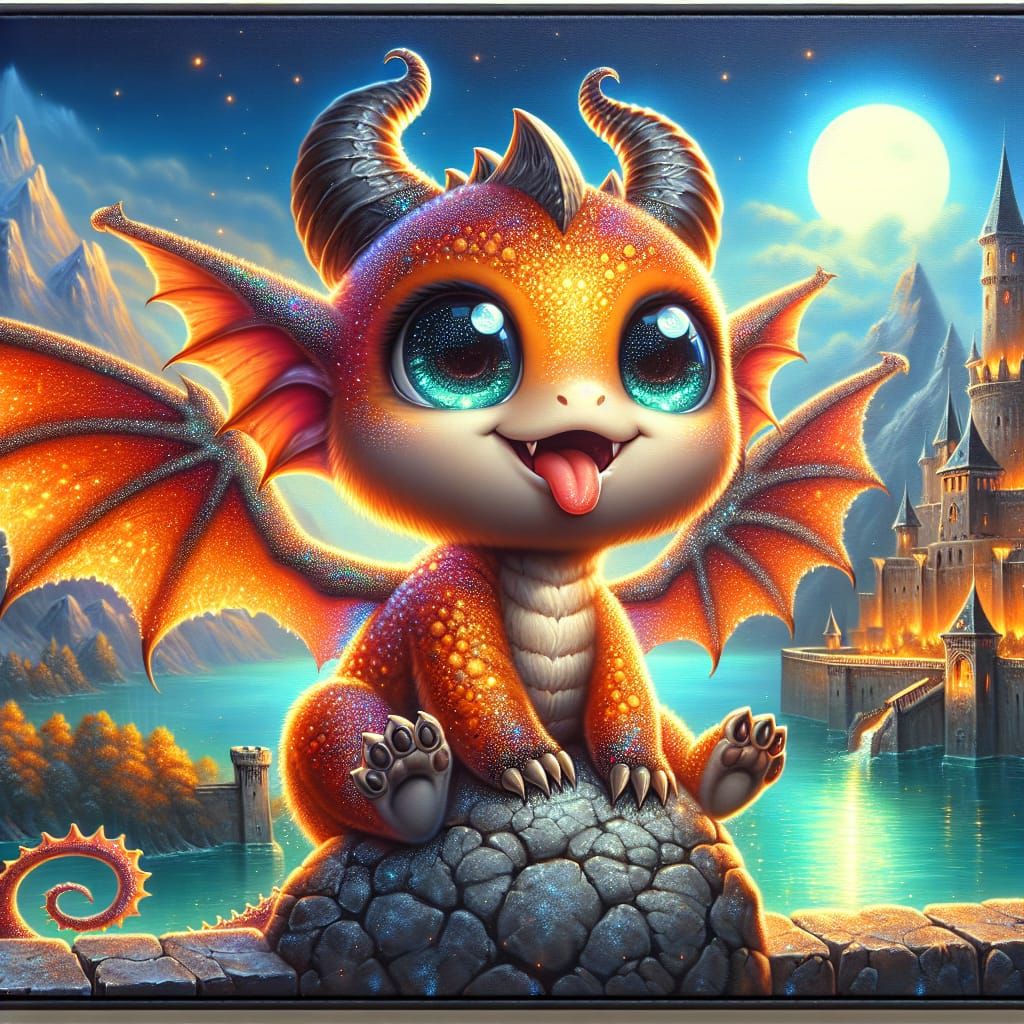 Cute Dragon on Rocky Wall in Fantasy Concept Art