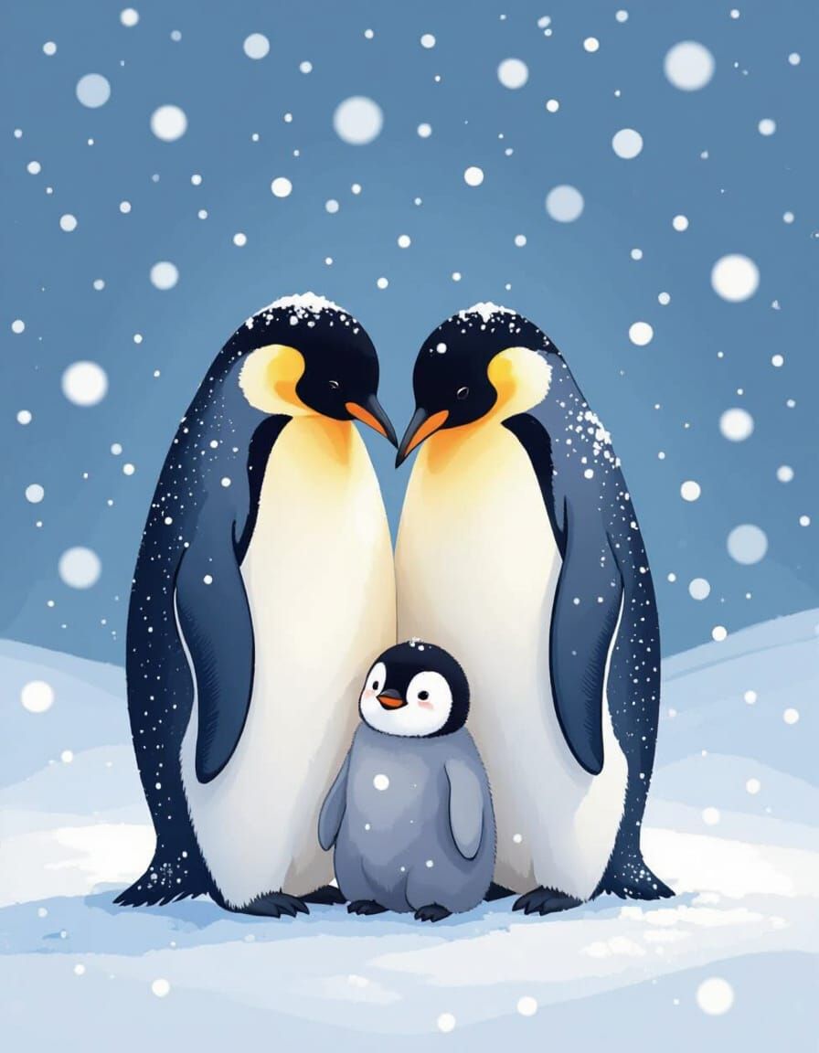 Heartwarming Penguin Family in Gentle Snowfall