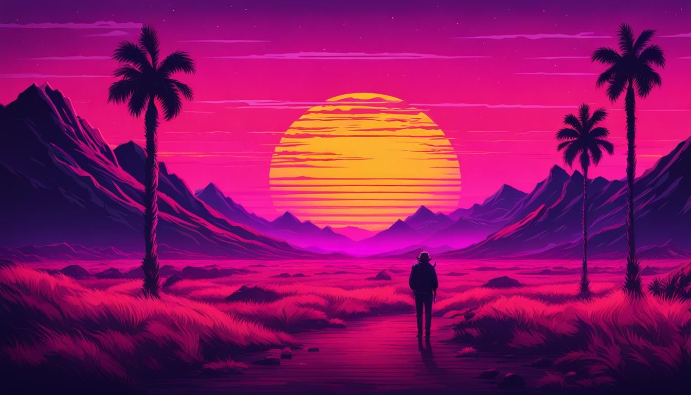 Synthwave Cowboy Walks into Neon Sunset