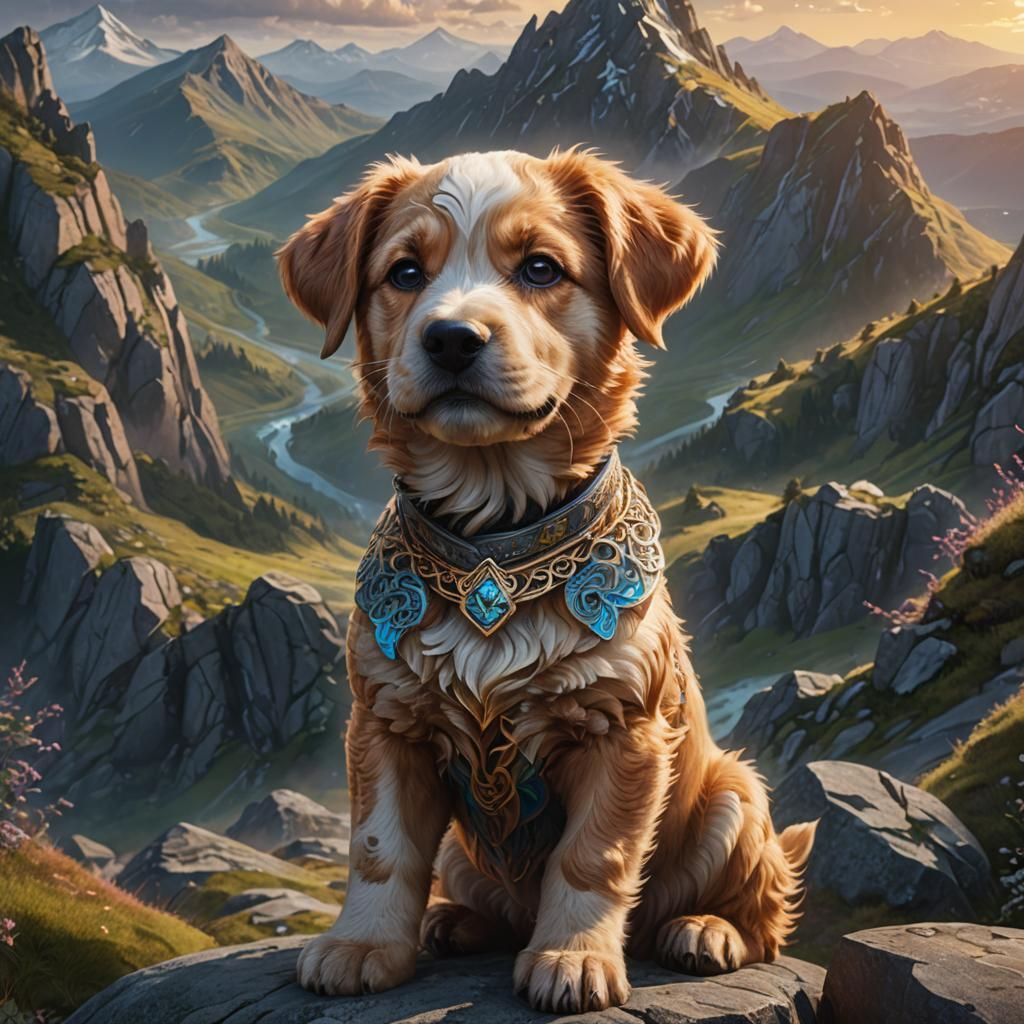 Happy Puppy on Mountain in Art Nouveau Style