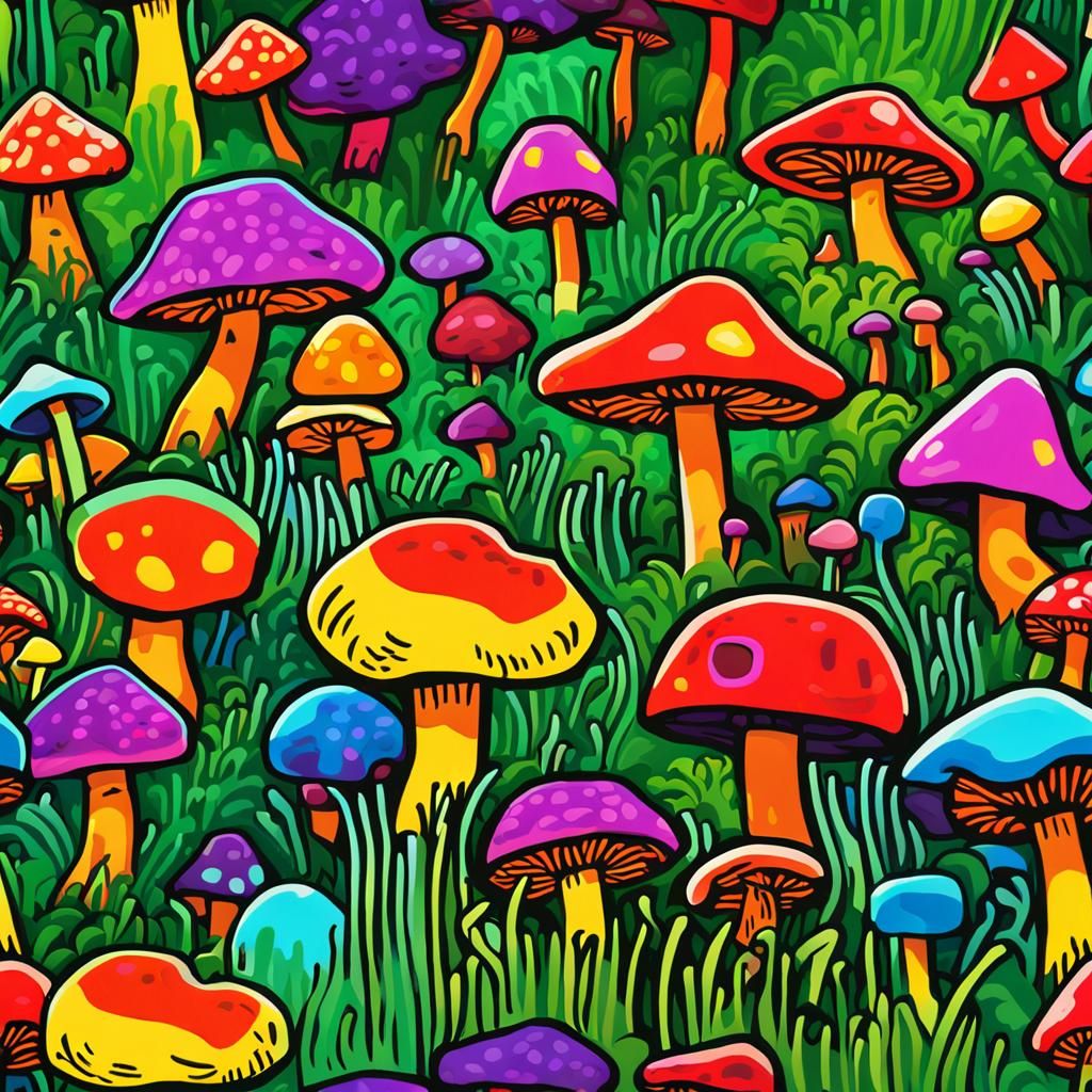 Colorful Mushrooms in Cubist Style Impasto Painting