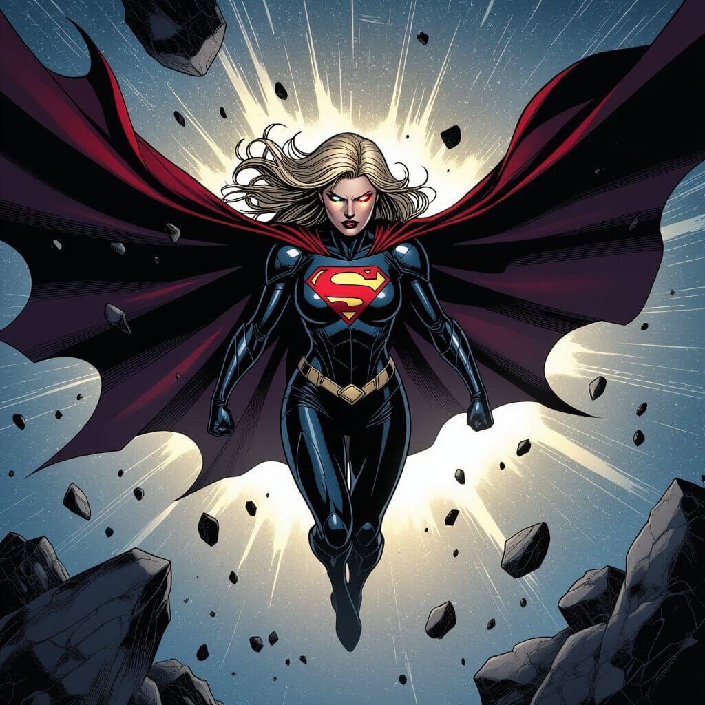 Supergirl in Obsidian Armor Soars Through Space