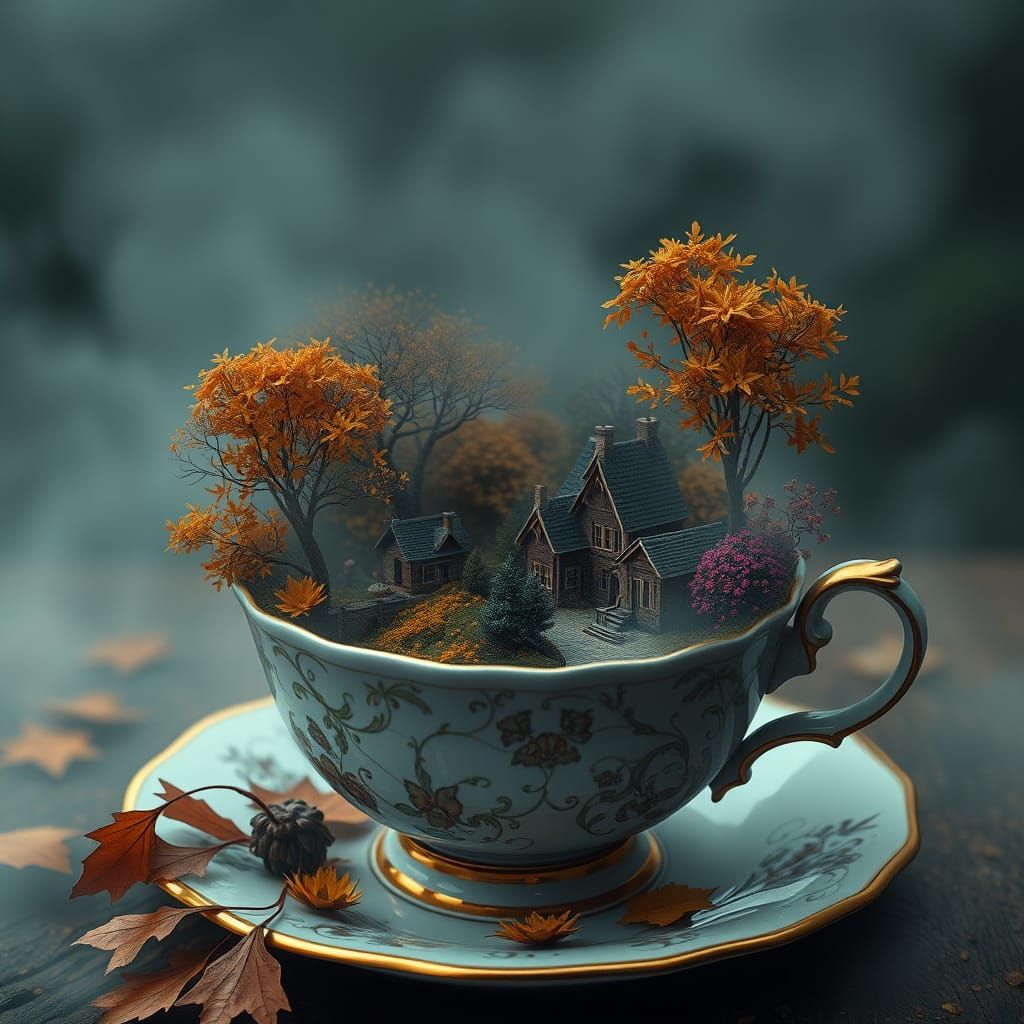 Autumn Village in Teacup with Synthwave Atmosphere