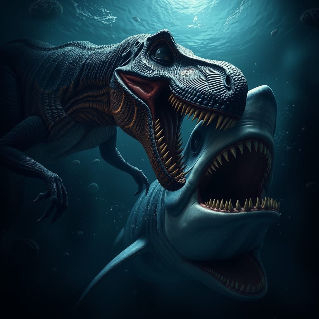 T-Rex vs Megalodon in Ominous Underwater Battle