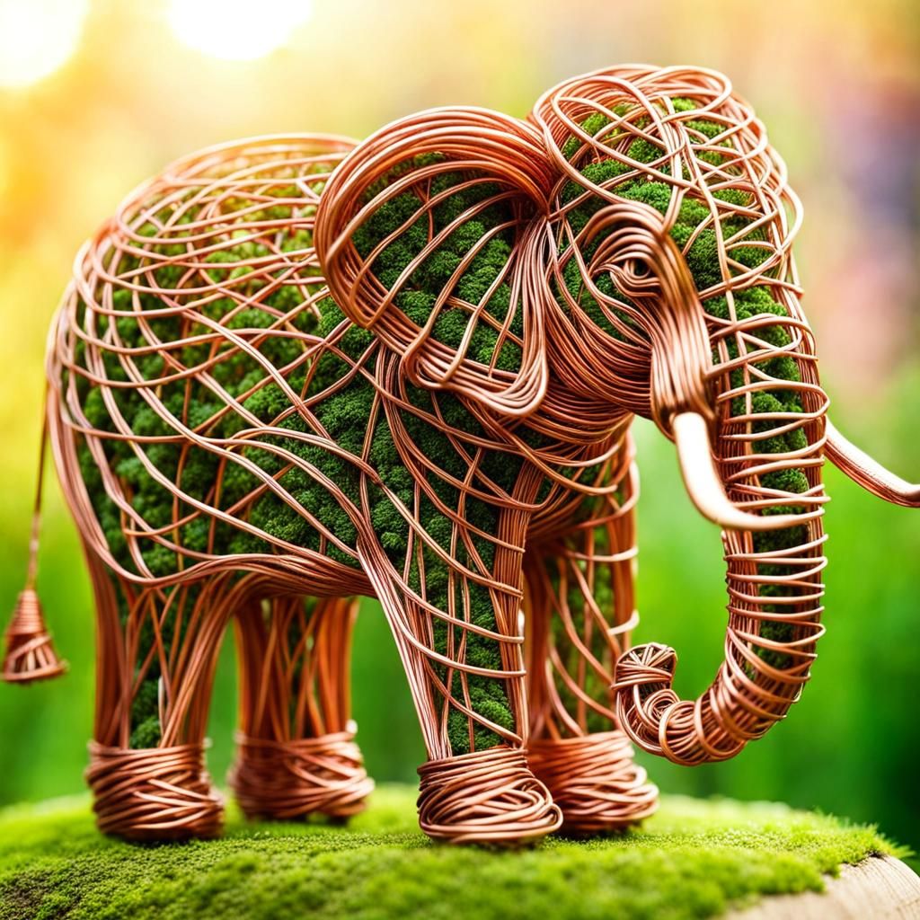 Intricate Copper Wire Elephant in Strong Summer Light