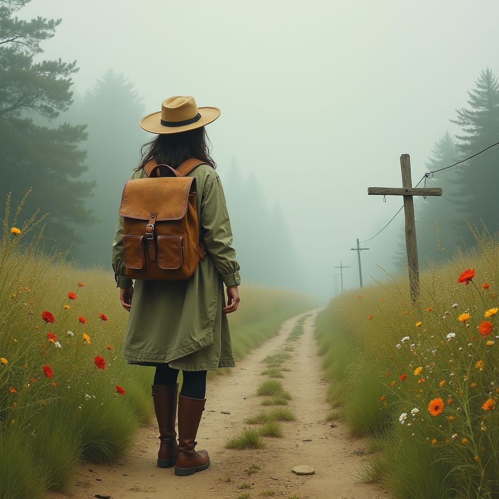 Wanderer at Misty Crossroads in Impressionist Style