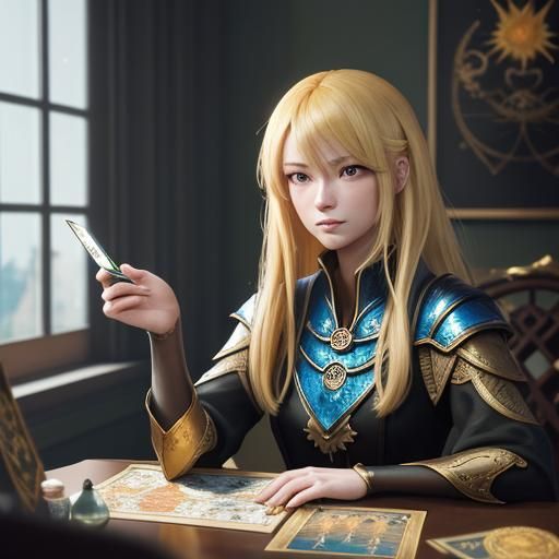 Blonde Woman with Phoenix Tarot Cards in Anime Style