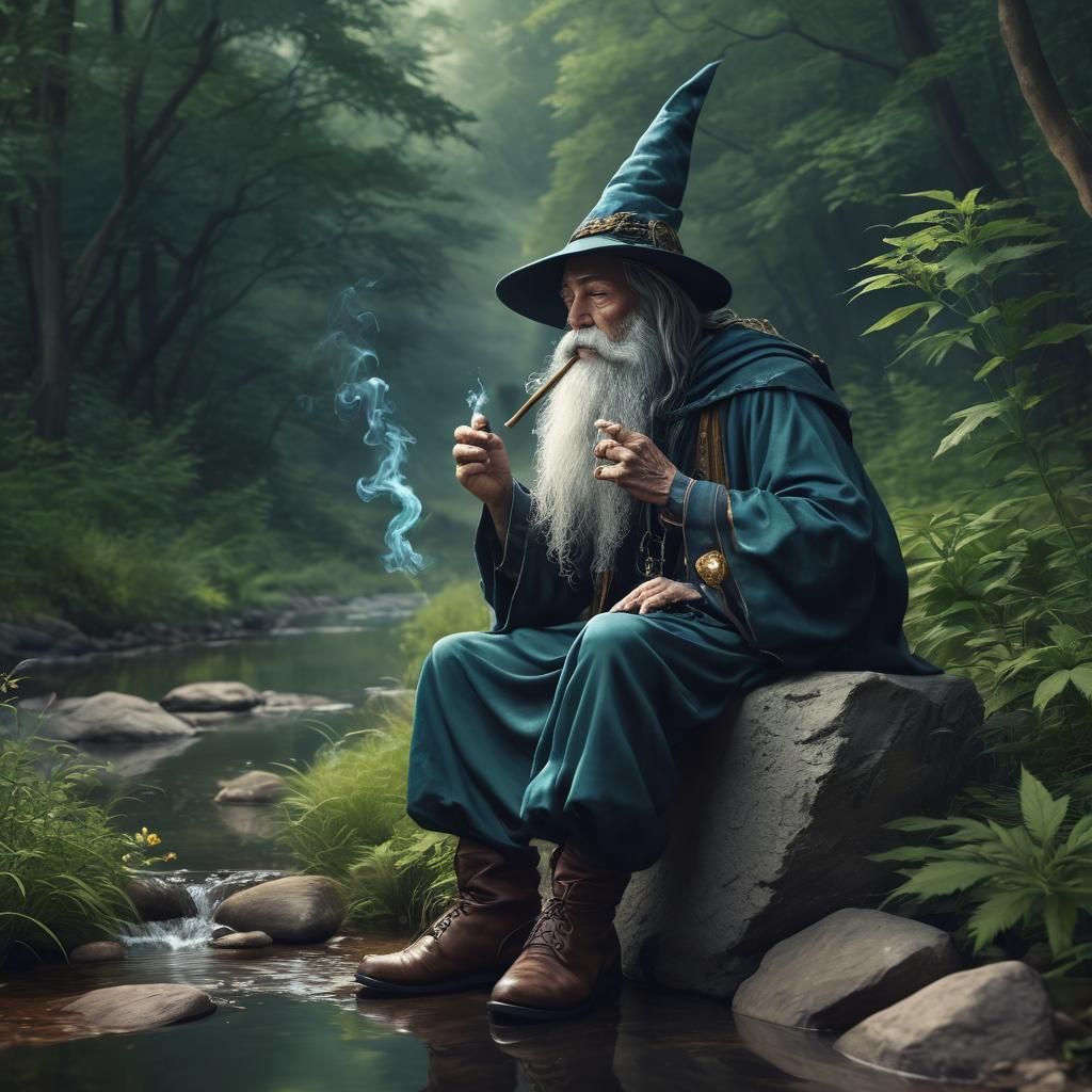 Wizard Smoking a Joint Overlooking Stream: Realistic Artwork