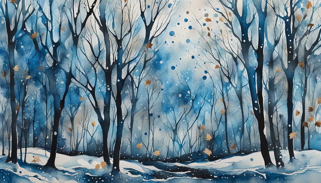 Autumn Leaves Fall in Frosty Morning, Blue Ink Drawing