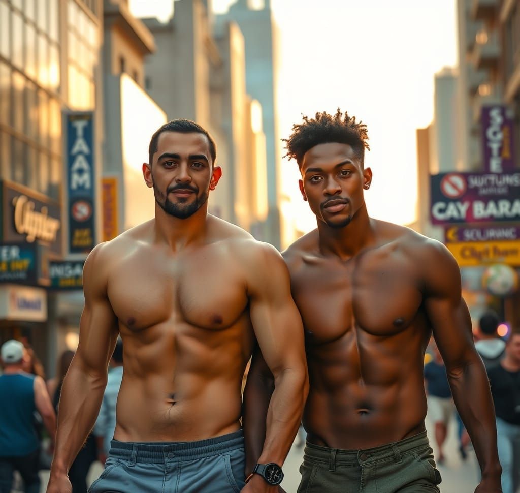 Hand-in-Hand Gay Couple Strolls Through Vibrant Urban Landsc...