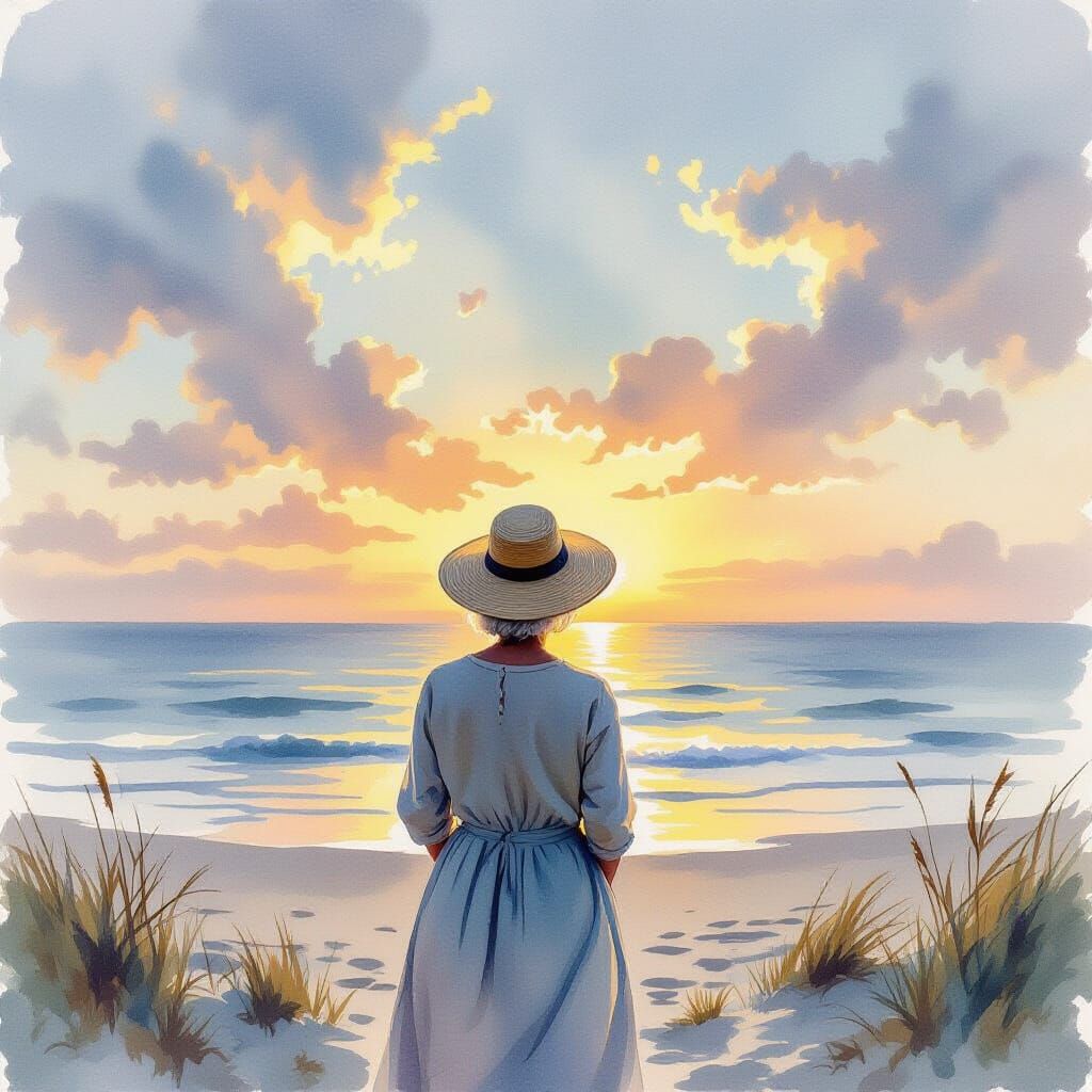 Woman Gazing at Dawn Beach in Watercolor Style