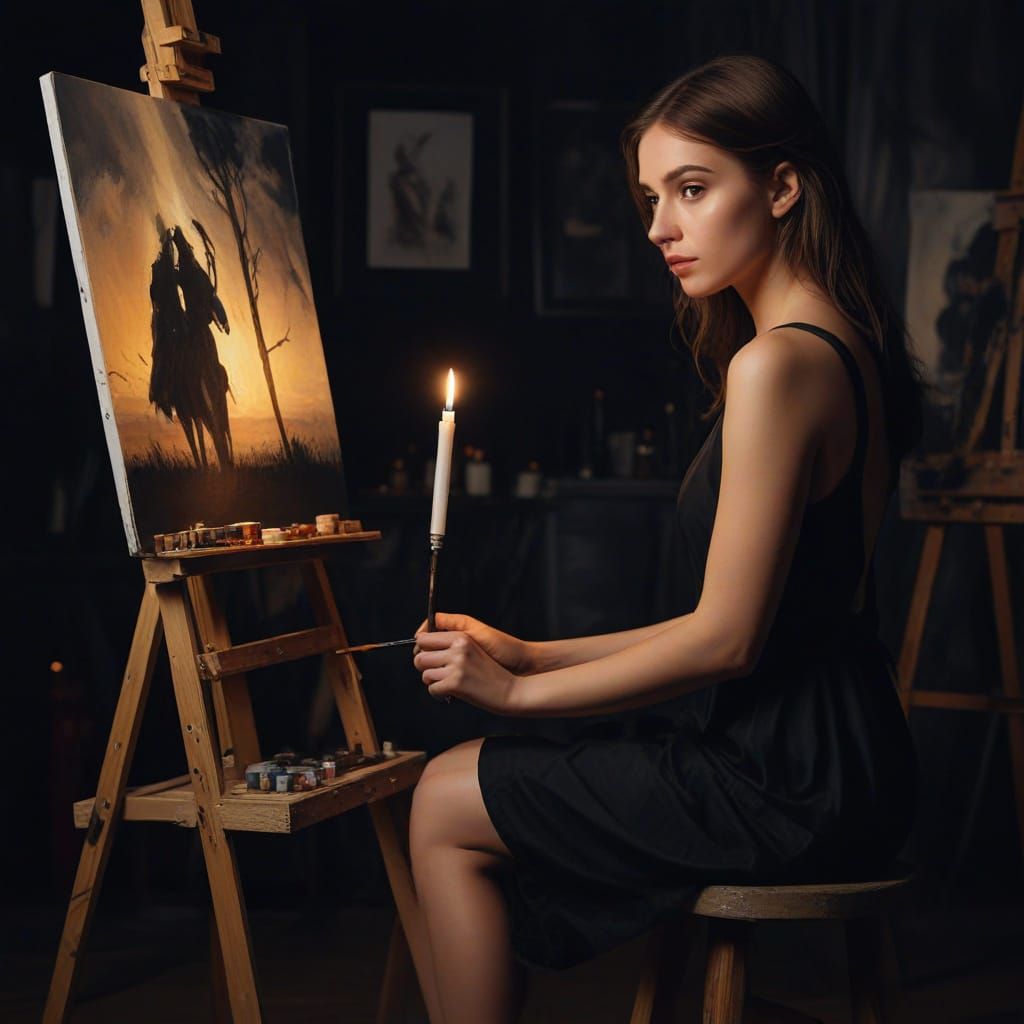 Artist Painting Night Scene by Candlelight, Oil Painting Sty...