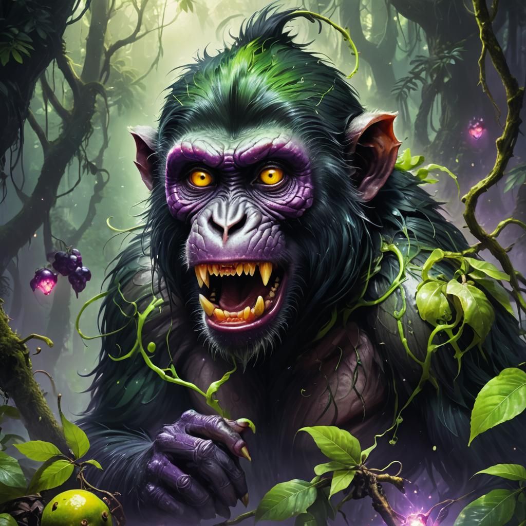 Venomous Monkey Consuming Toxic Fruit in Mystic Forest