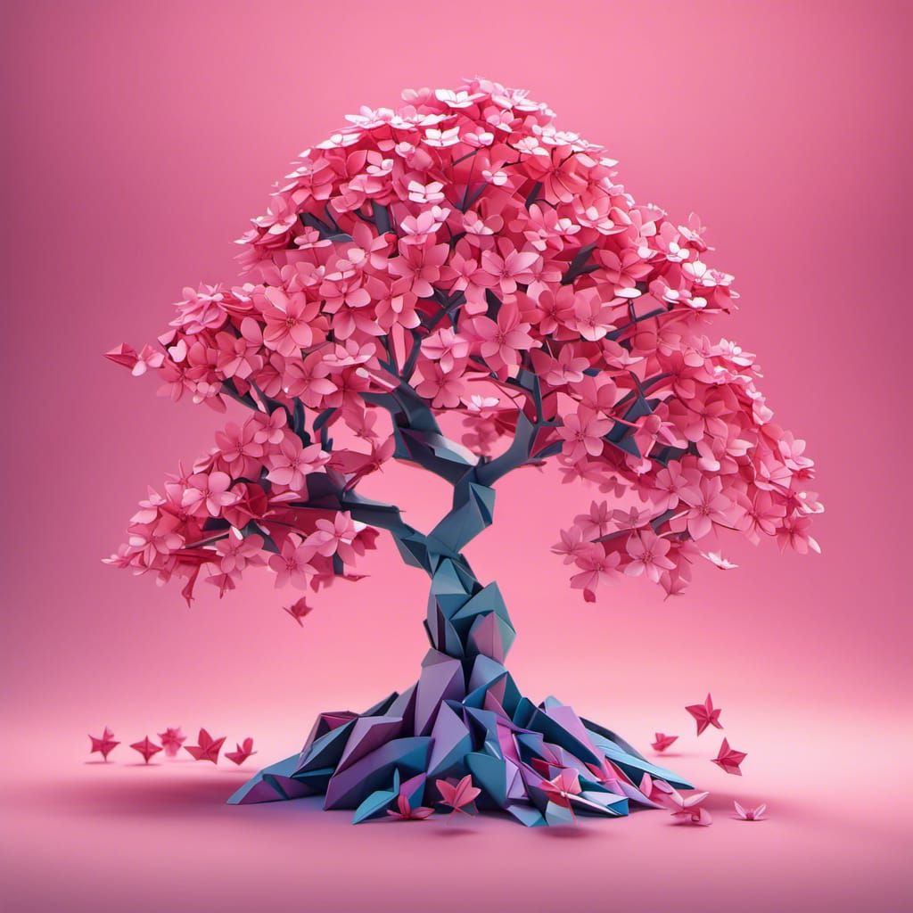 Origami Cherry Blossom Tree in Layered Vector Art