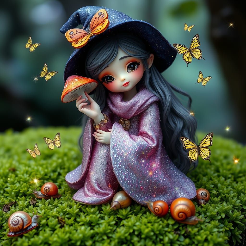 Enchanting Forest Witch Listening to a Mushroom