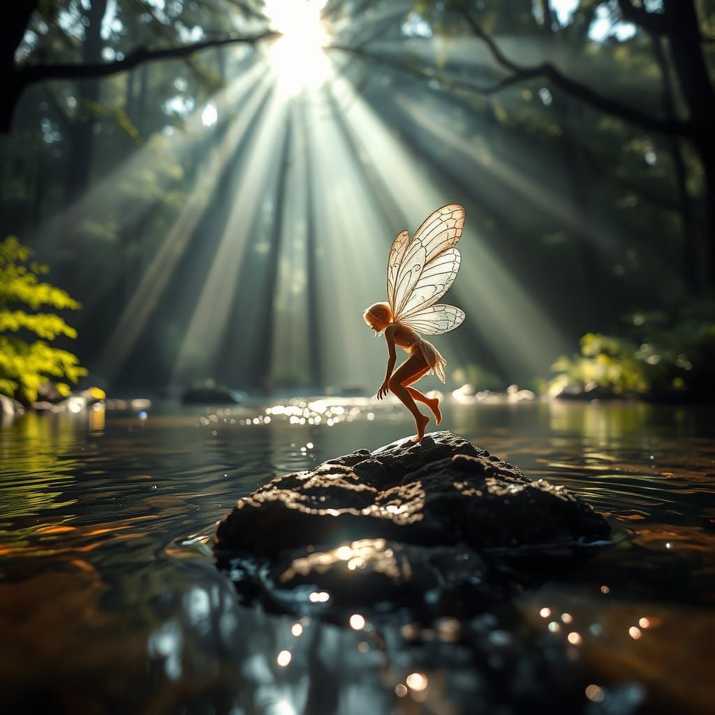 Ethereal Fairy Perched in Forest Pond: Hyperrealistic Image