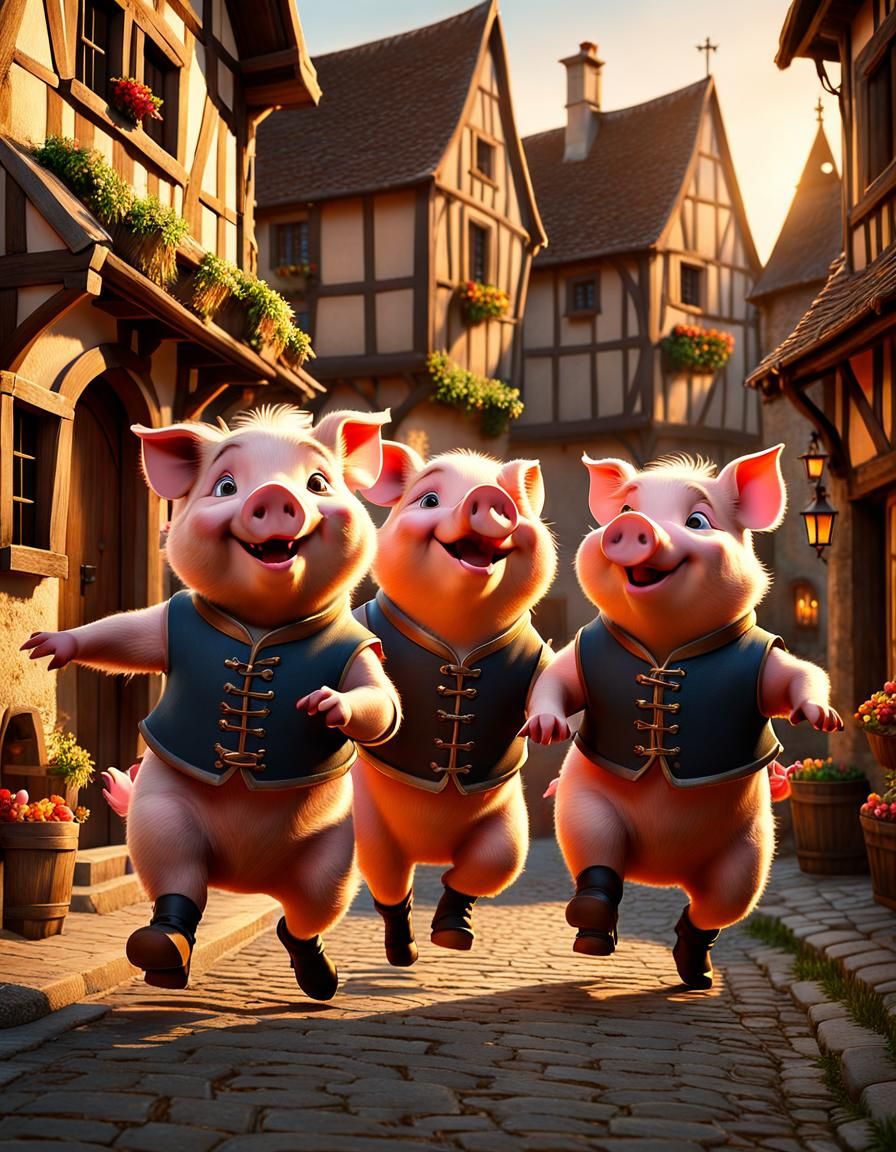 Jolly Pigs Dancing in a Medieval Village