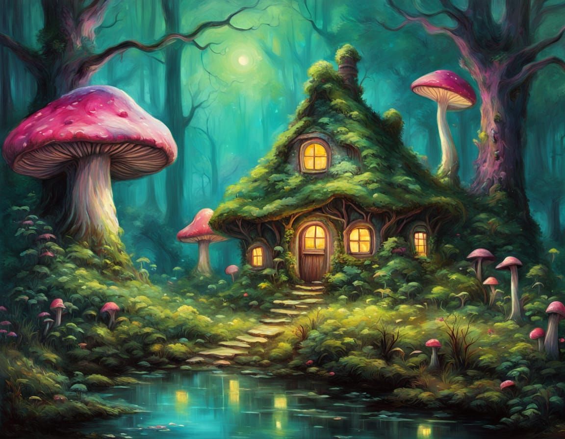 Surreal Enchanted Forest with Fairy Mushroom House in Oil Pa...