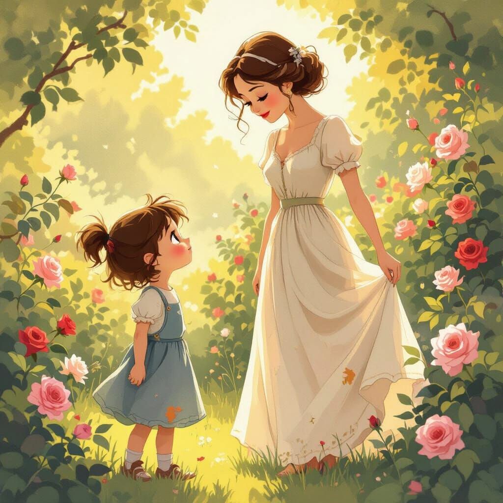 Tomboy Girl Admires Woman in Rose Garden