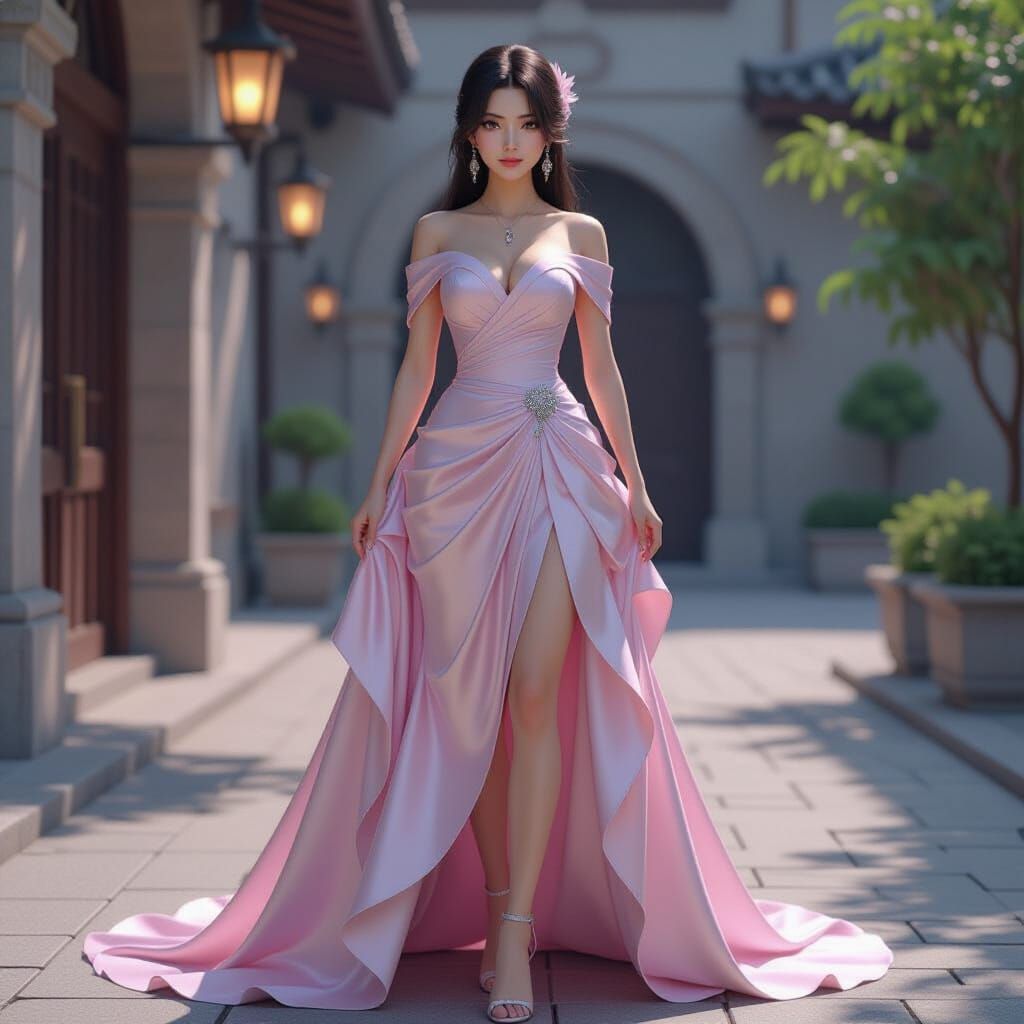 Woman in Stunning Lustrous Dress, 3D Anime Style