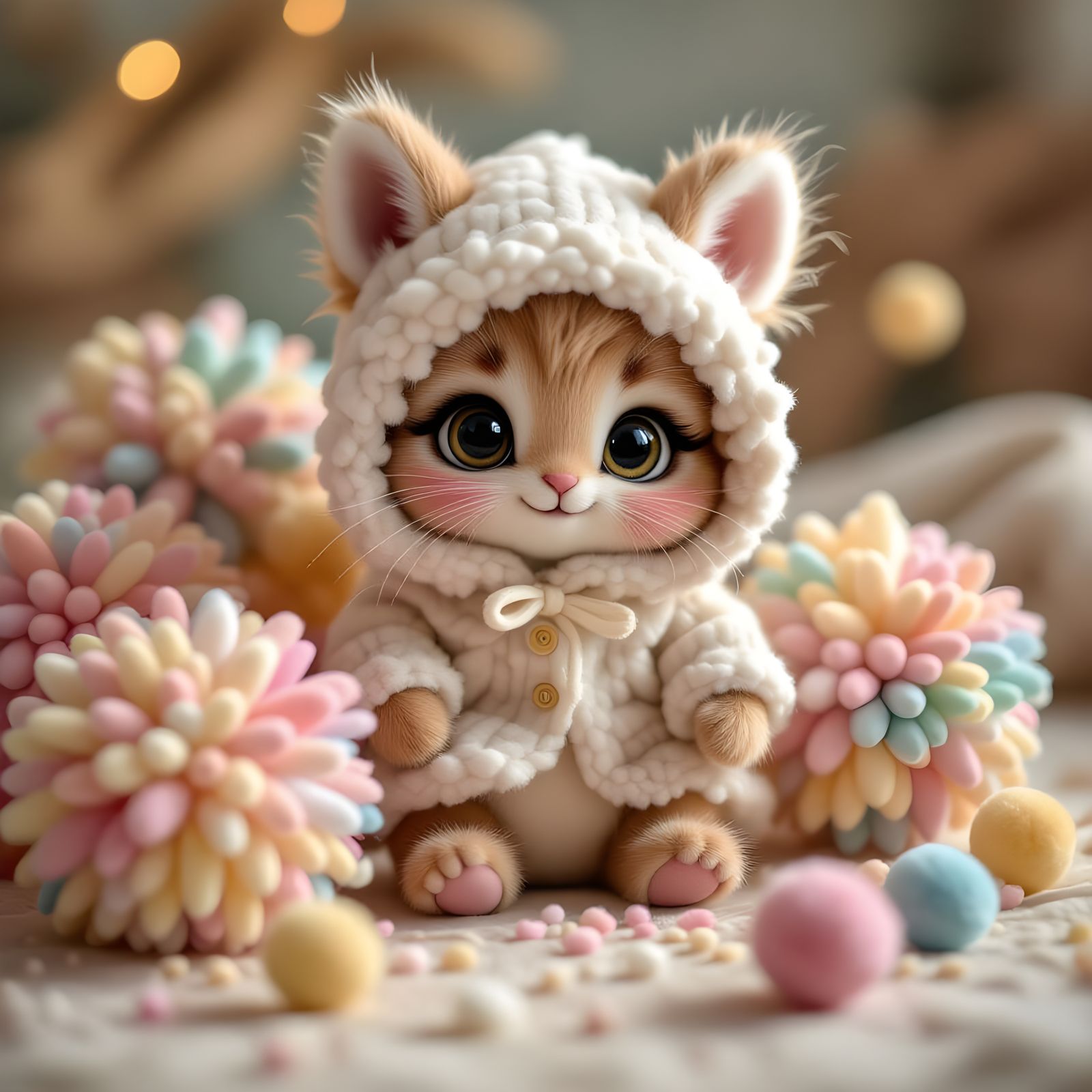 Whimsical Creature's Joyful Pom Pom Playtime