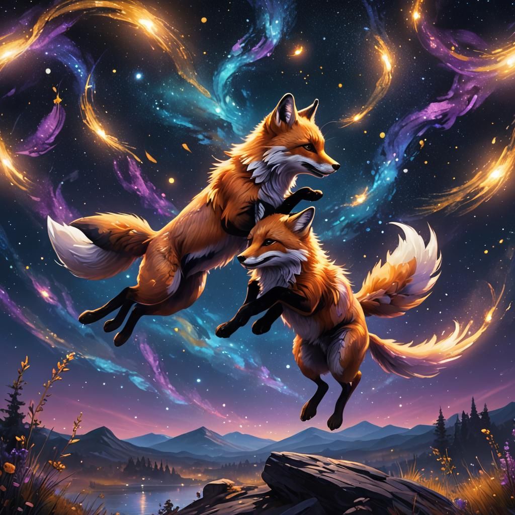 Foxes Leap Across Starry Sky, Oil Painting