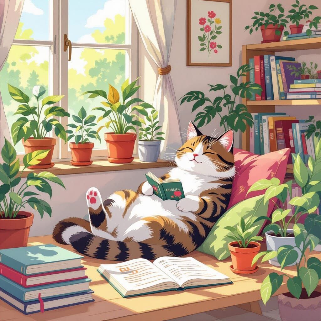 Millennial Cat in Ghibli-Style Watercolor