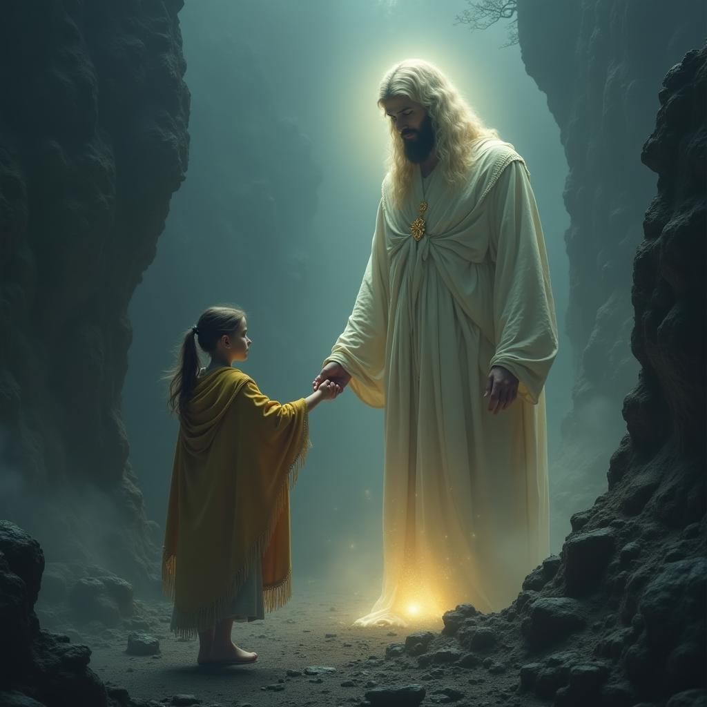 Ethereal Jesus Guides Girl Through Mystical Valley