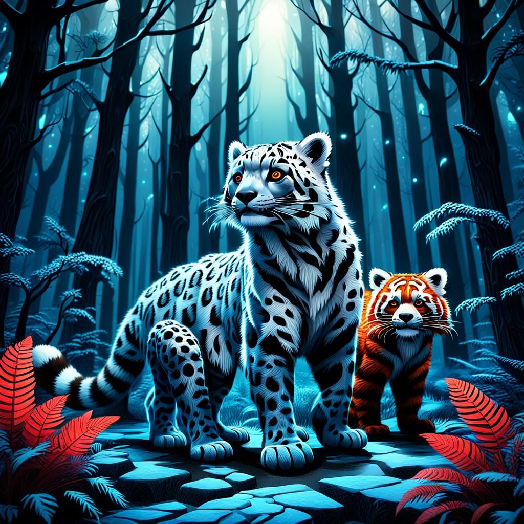 A whimsical stylization of a Snow Leopard and Red Panda