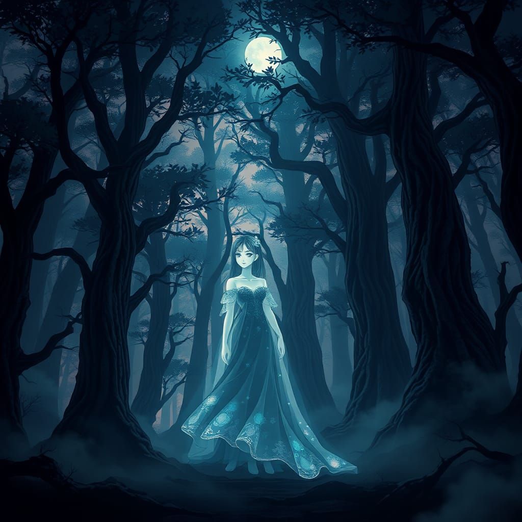 Mystical Forest with Anime Heroine in Twilight