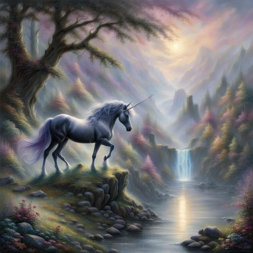 Ethereal Dark Unicorn in Hyperdetailed Fantasy Mist