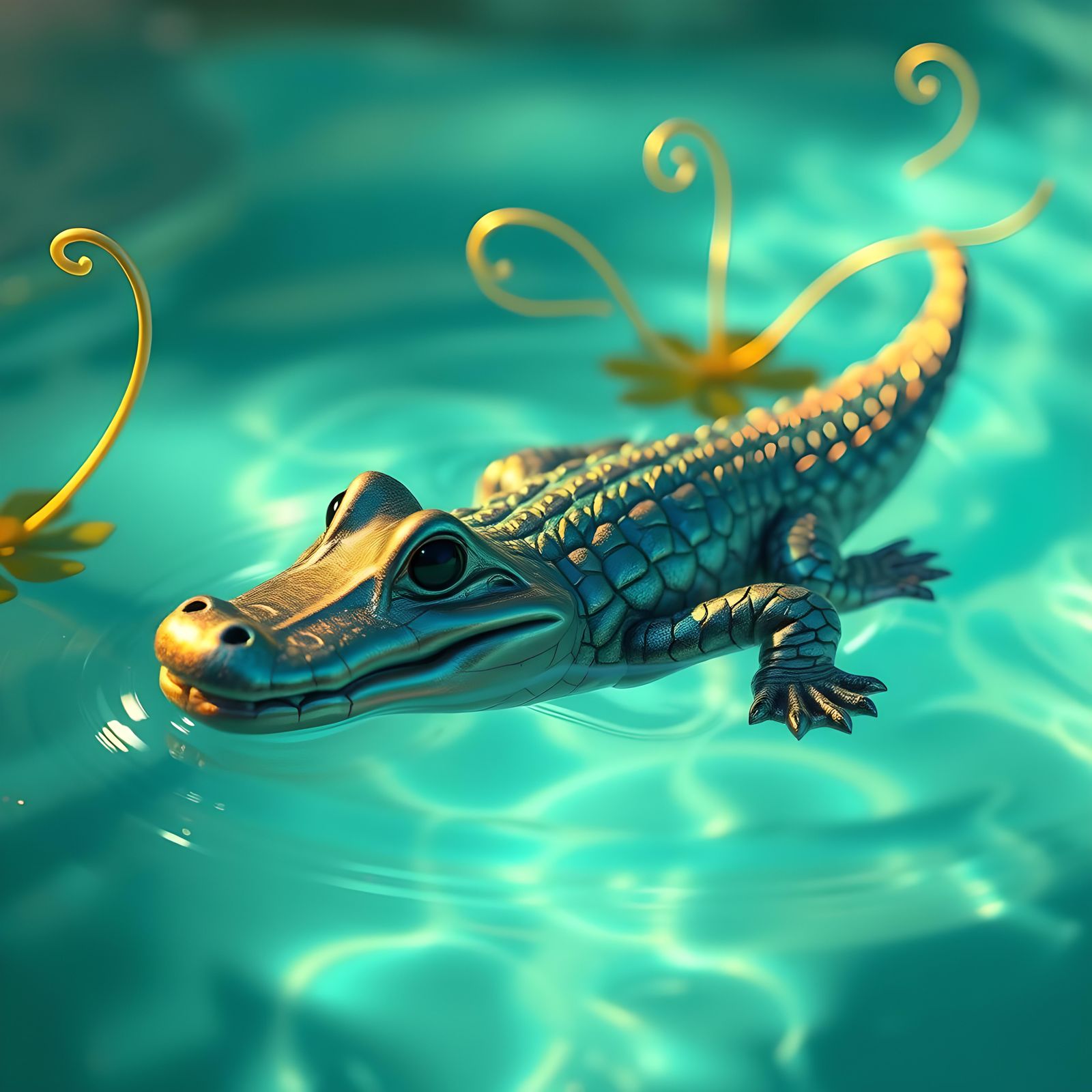 Baby Alligator Puppet Swimming: Detailed Fantasy Art