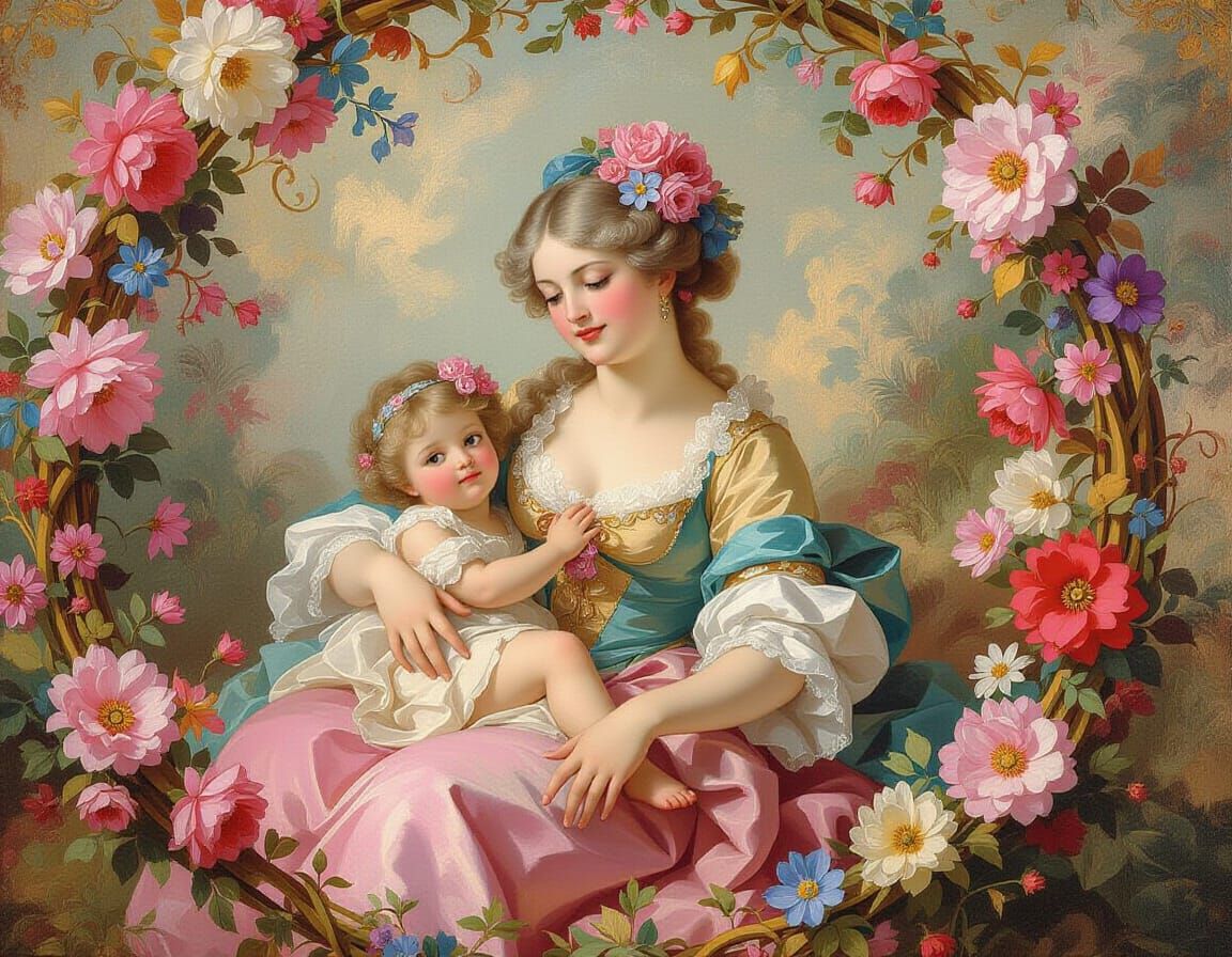 Rococo Motherhood Painting with Flowers and Gold Accents