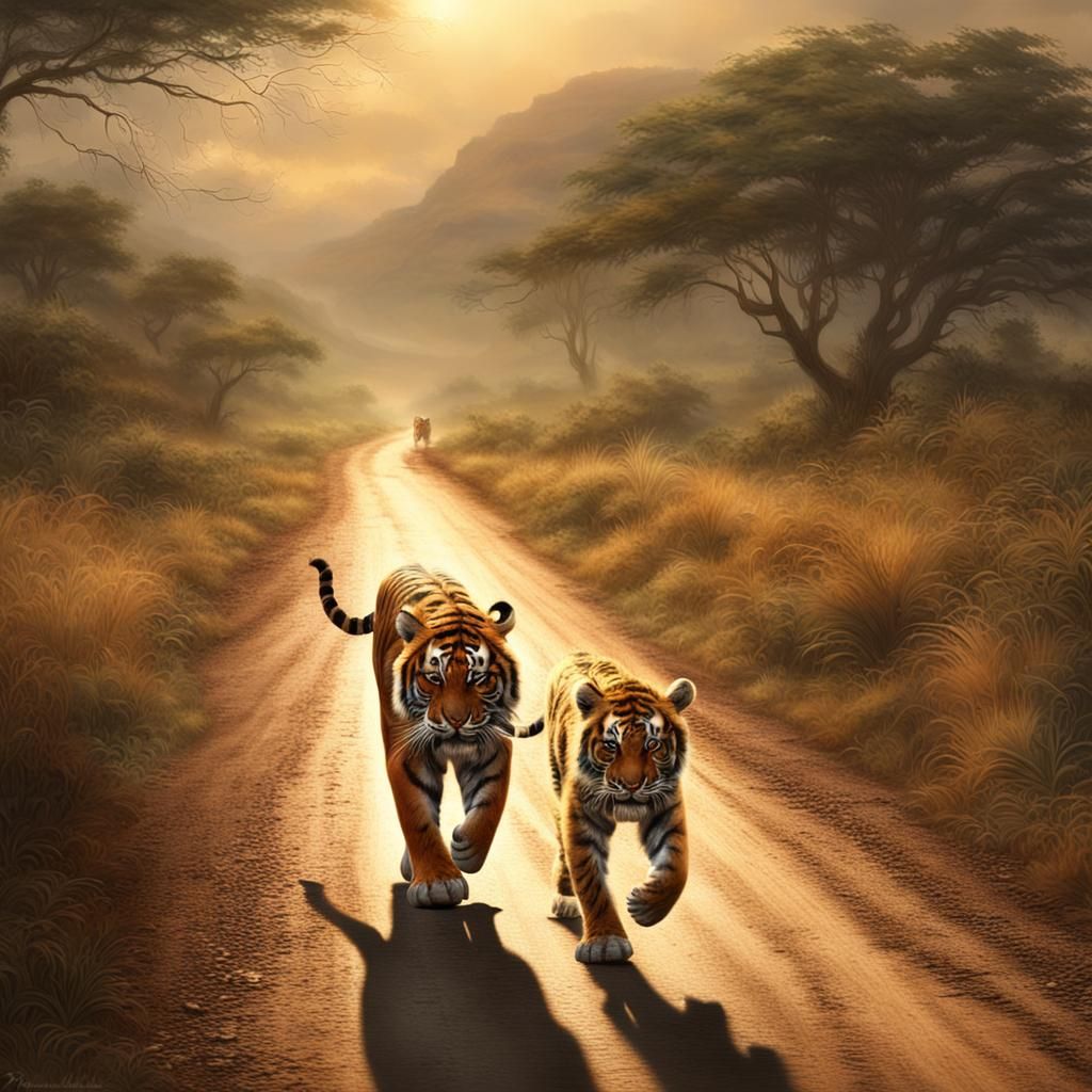 Tigers Running in Africa: Digital Matte Painting