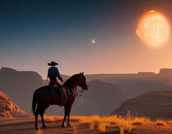 Cowboy Rides into Desert Sunset Under Starry Sky