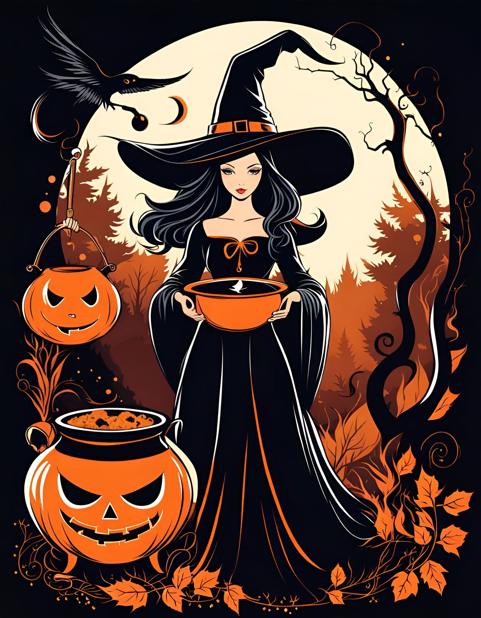 Beautiful Witch with Caldron in the Background