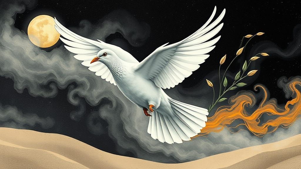 Dove Soars with Olive Branch in Multidimensional Realities