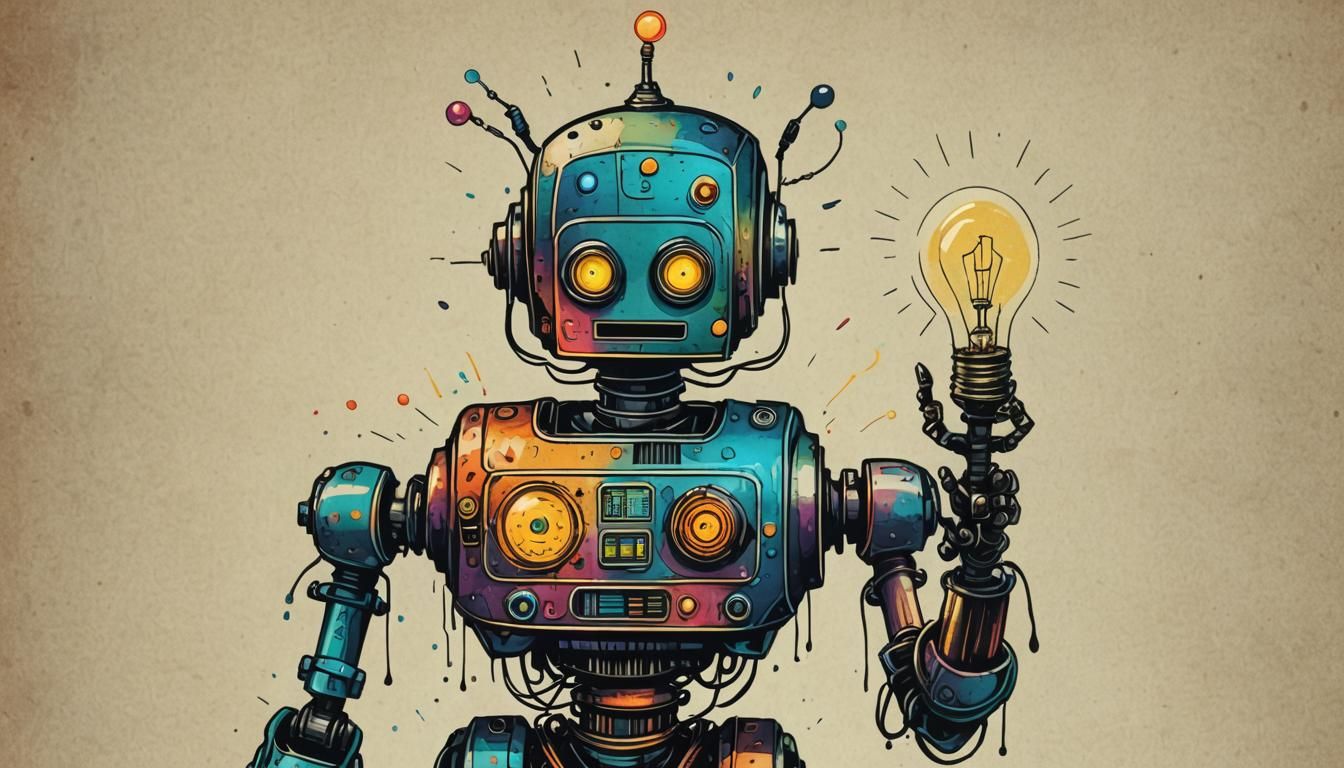 Robot with Idea: Whimsical Ink Poster