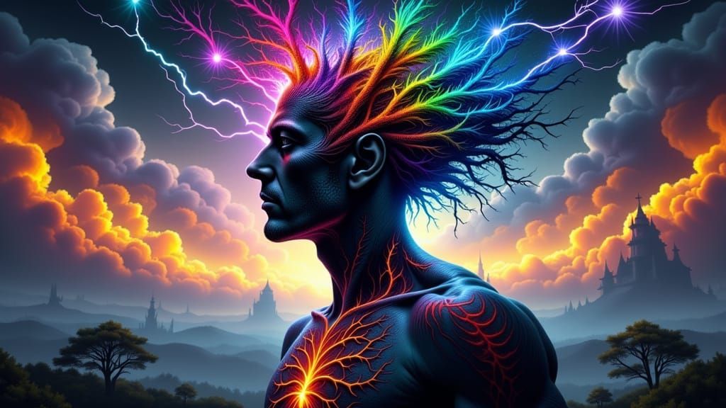 Fractal-Faced Man with Rainbow Lightning in Surreal Dreamsca...