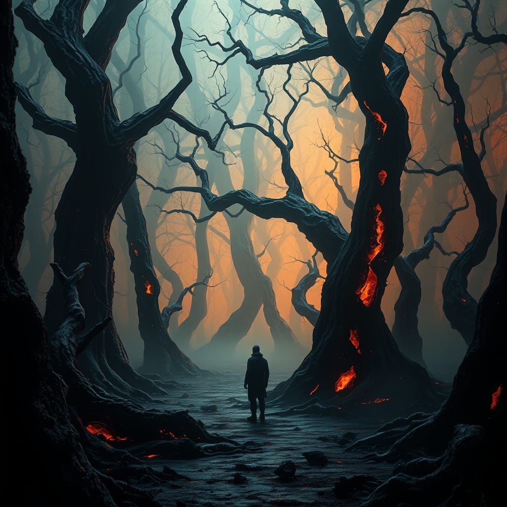 Figure in Ashen Forest: Gothic Dystopian Landscape
