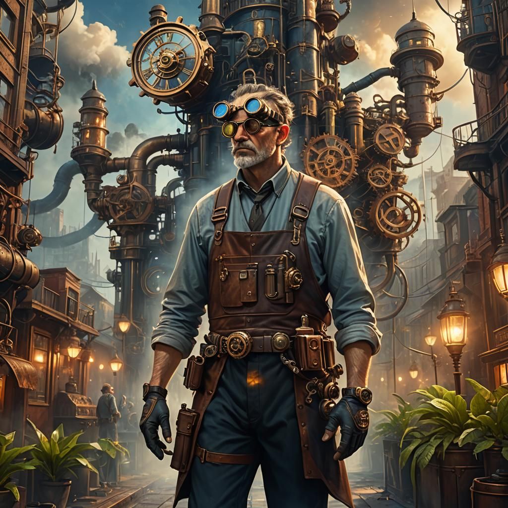 Steampunk Man Amidst Clockwork Plants