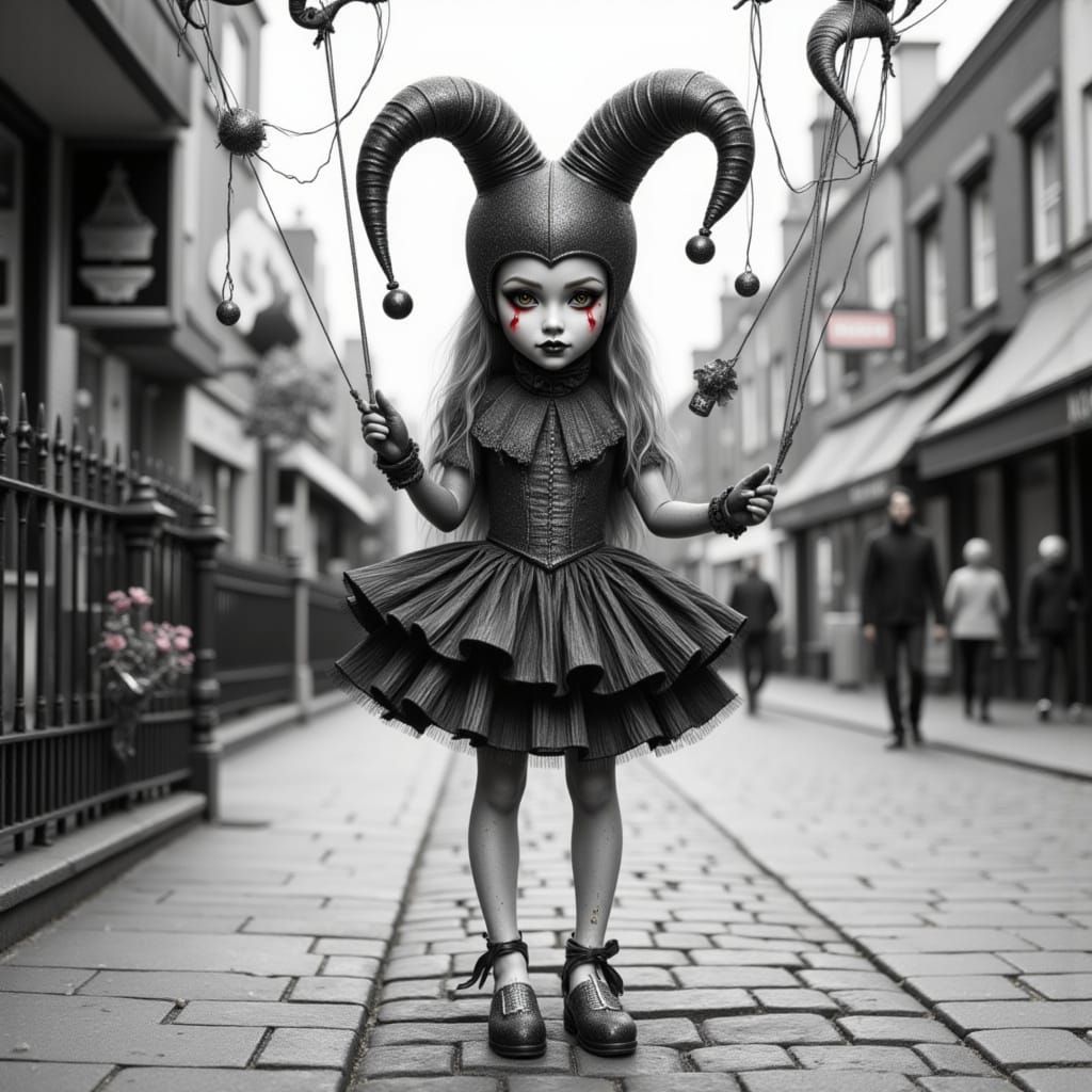 Whimsical Jester Ballerina Puppet with Red Tear