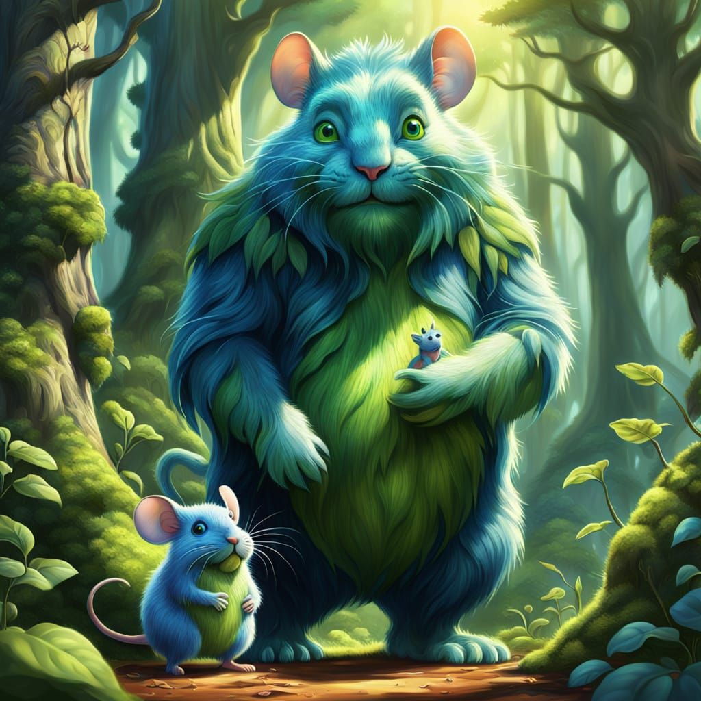 Green Giant and Blue Mouse Fantasy Illustration
