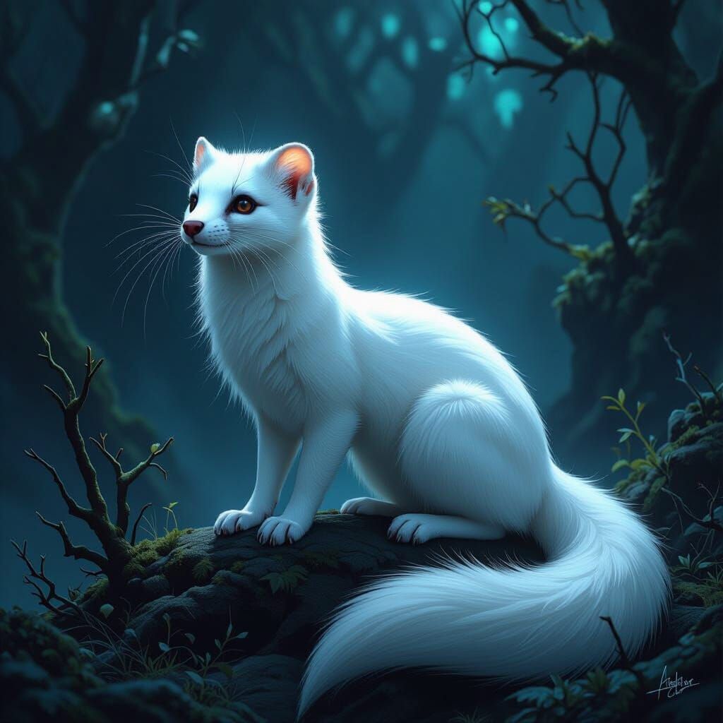 Mystical White Stoat in Dark Fantasy Style