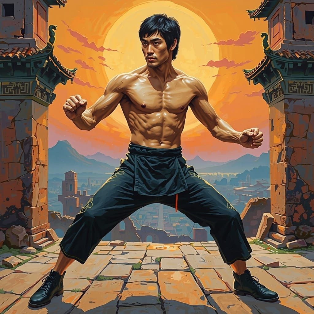 Intense Martial Artist in Powerful Kung Fu Stance, Exuding S...