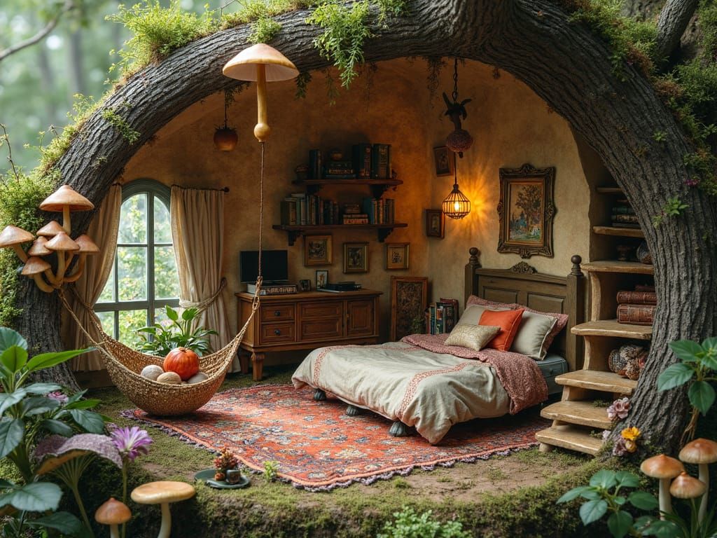 Enchanted Fairy House Interior With Mushroom Walls