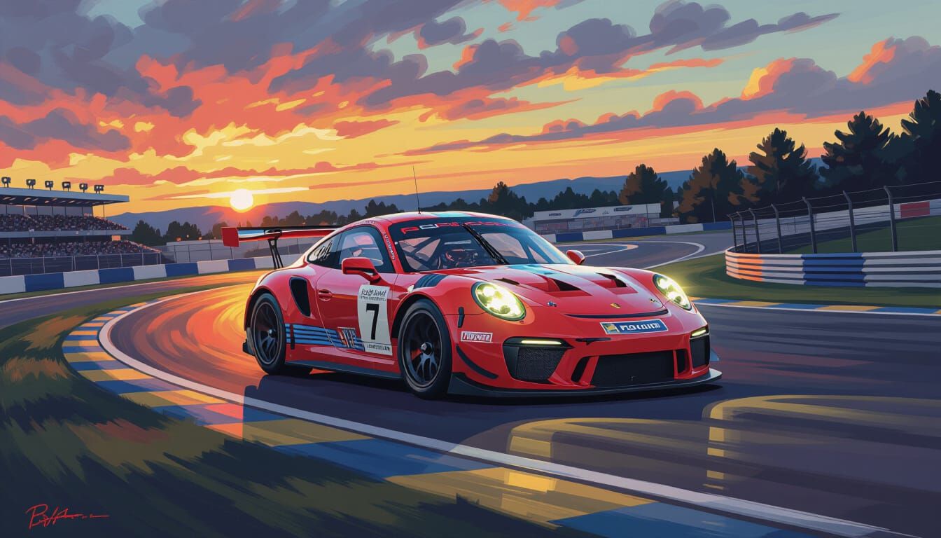Porsche 911 GT3 RSR Race Car at Le Mans, Neo-Impressionist S...