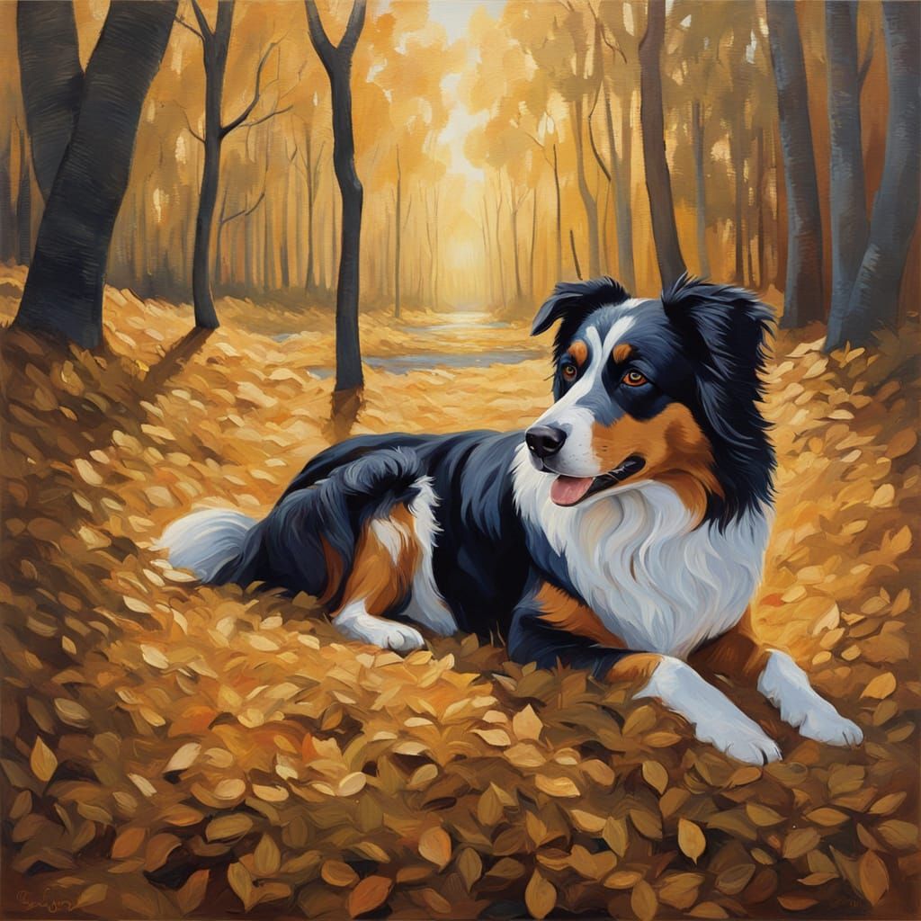 Dying Australian Shepherd in Golden Forest Oil Painting