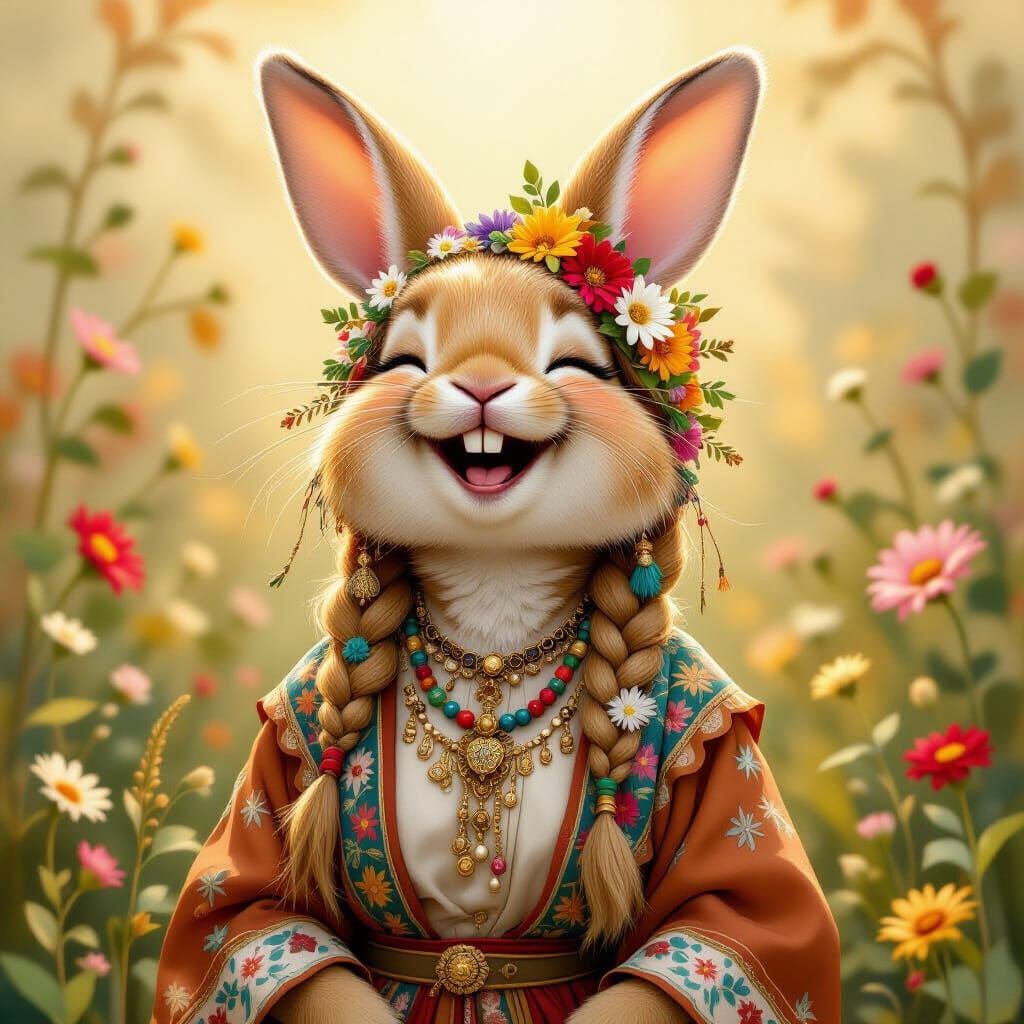 Joyful Anthropomorphic Rabbit in Bohemian Robes