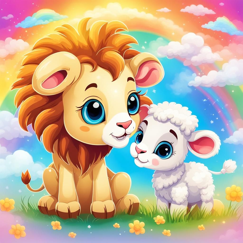 Cartoon Lamb and Lion in Rainbow Colors